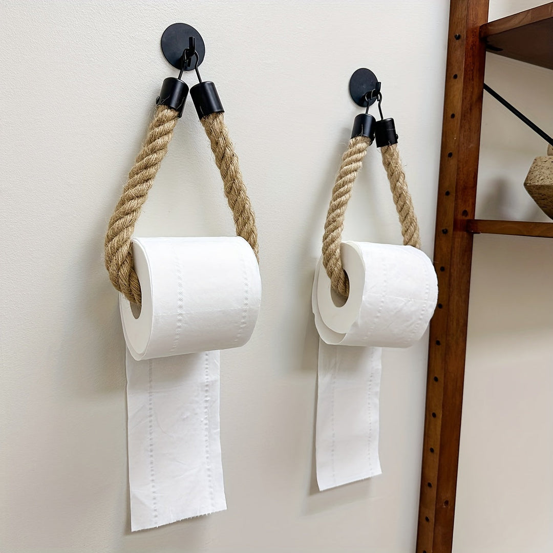 Farmhouse style hemp rope toilet paper holder, a unique bathroom accessory for stylish decor.