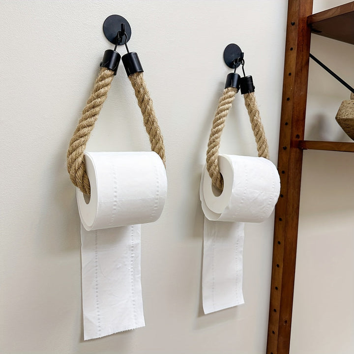 Farmhouse style hemp rope toilet paper holder, a unique bathroom accessory for stylish decor.