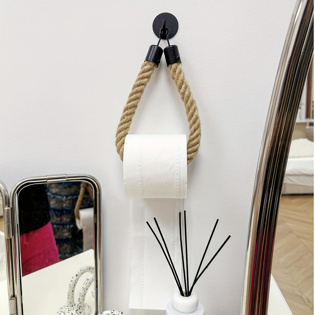 Rustic hemp rope toilet paper holder, ideal for enhancing farmhouse bathroom decor and organization.
