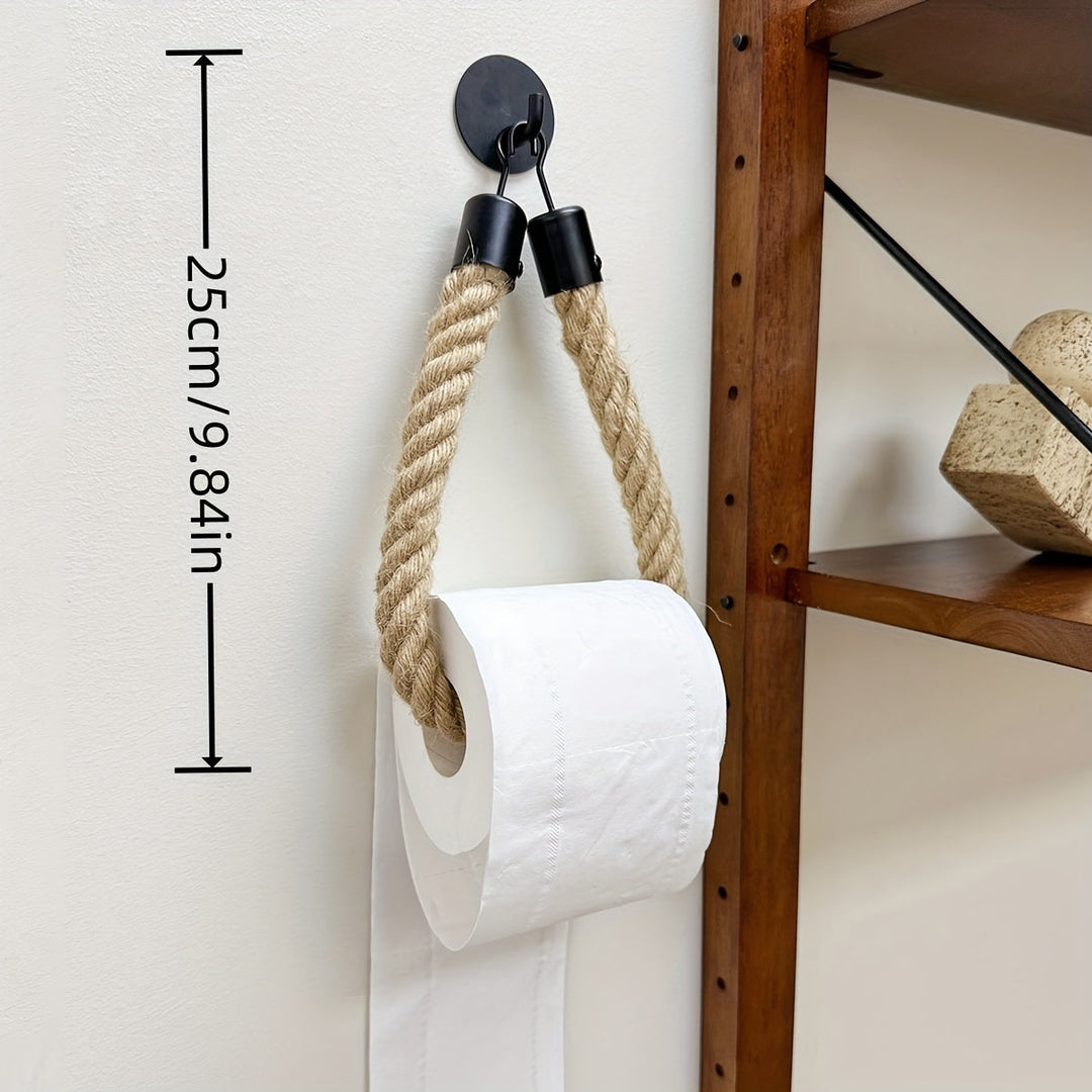 Natural jute toilet paper holder, a wall-mounted rustic bathroom accessory for home decor.