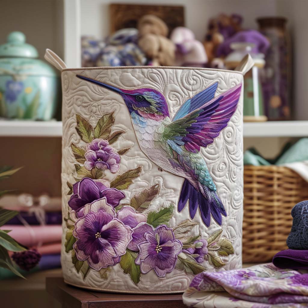 Stylish hummingbird quilted laundry basket, decorative fabric storage for home, floral organizer.