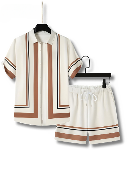 Stylish men's beige striped summer co-ord set with short sleeve shirt & drawstring shorts, perfect for casual comfort.