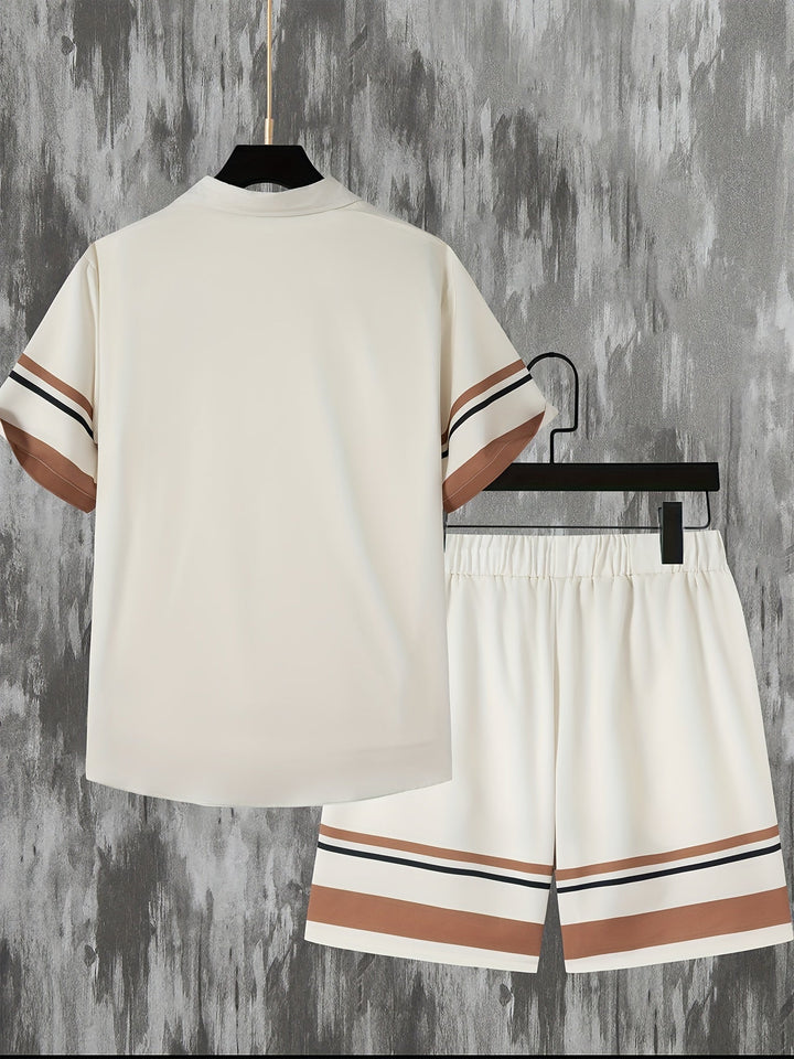 Men's lightweight striped co-ord set: short sleeve shirt and drawstring shorts, ideal for vacation or summer.