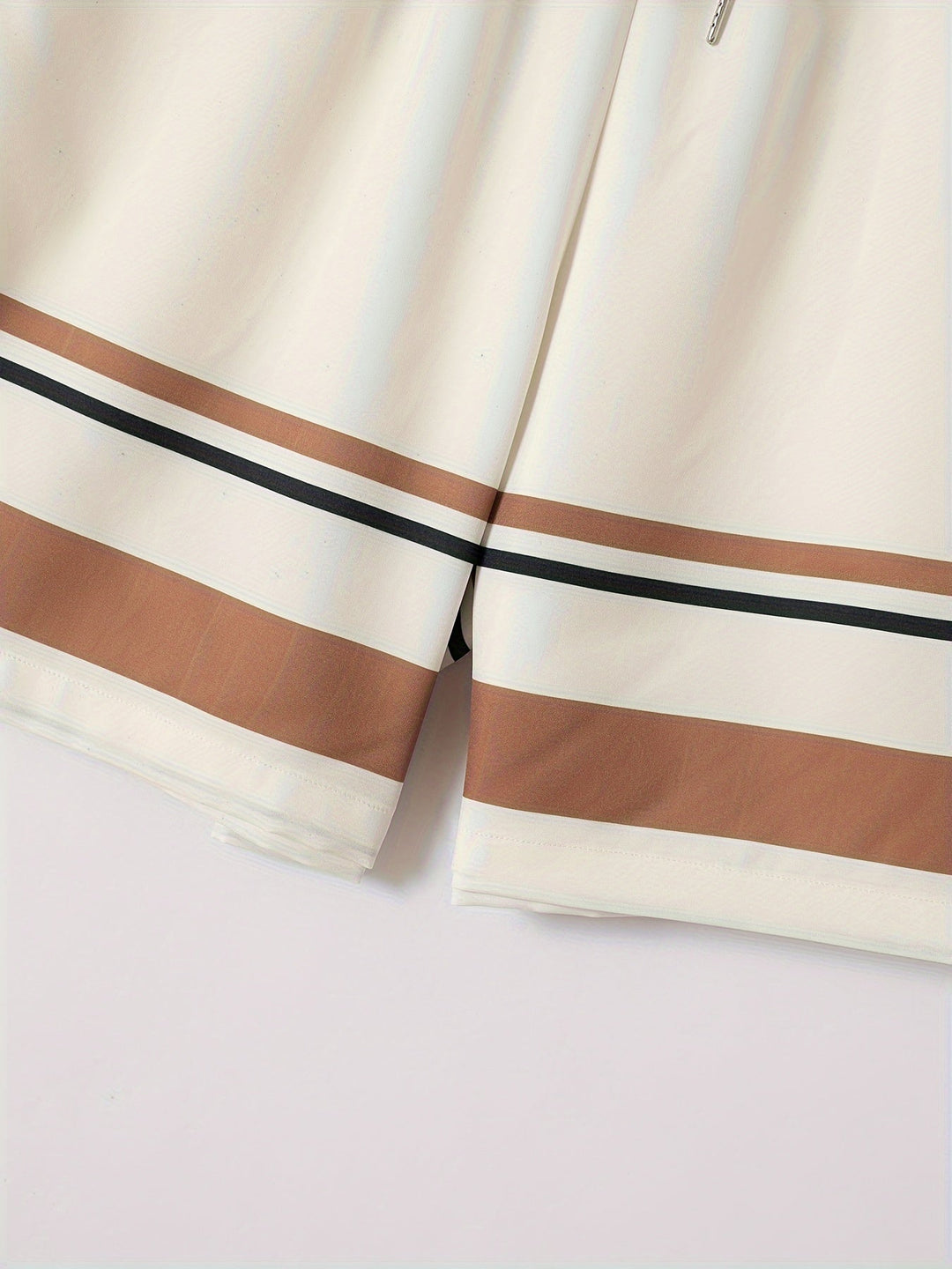 Casual men's beige striped two-piece summer outfit featuring a comfortable shirt & drawstring shorts.
