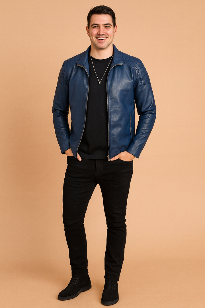 Stylish men's blue quilted jacket for everyday wear, smart casual outfit, and versatile modern fashion.