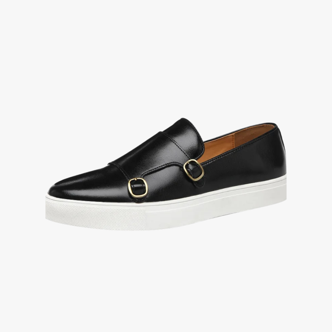 Elegant brown men's buckle loafers. Versatile slip-on dress shoes ideal for formal or smart casual wear.