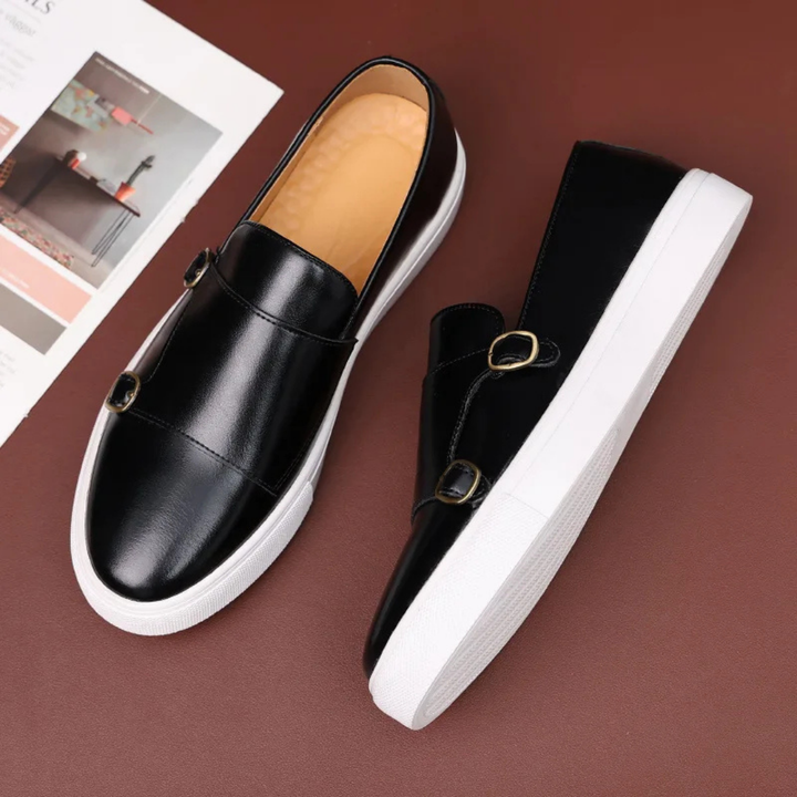 Men's stylish slip-on buckle loafers. Fashionable and comfortable footwear for various occasions, dress or casual.