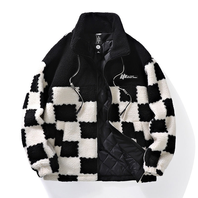 Bold blue checkerboard men's jacket, stylish long-sleeve winter outerwear for a modern casual look.