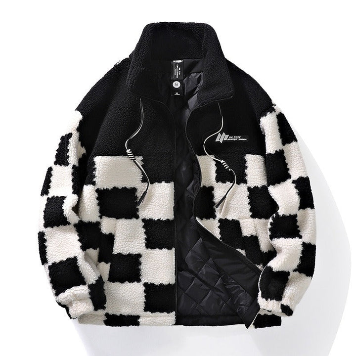 Bold blue checkerboard men's jacket, stylish long-sleeve winter outerwear for a modern casual look.