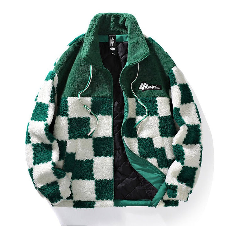 Modern black checkerboard men's winter jacket, offering a stylish and casual long-sleeve fashion statement.