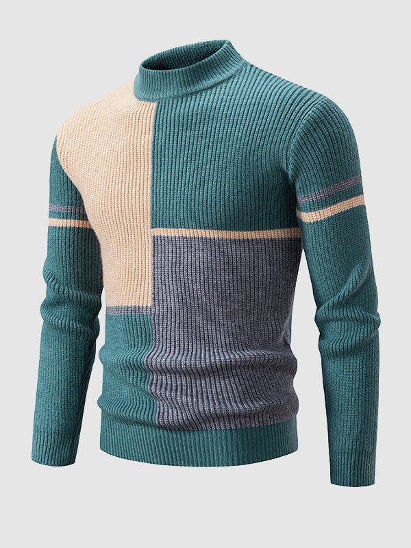 Stylish men's color block mock neck sweater. Comfortable knit pullover, ideal for autumn/winter casual fashion.