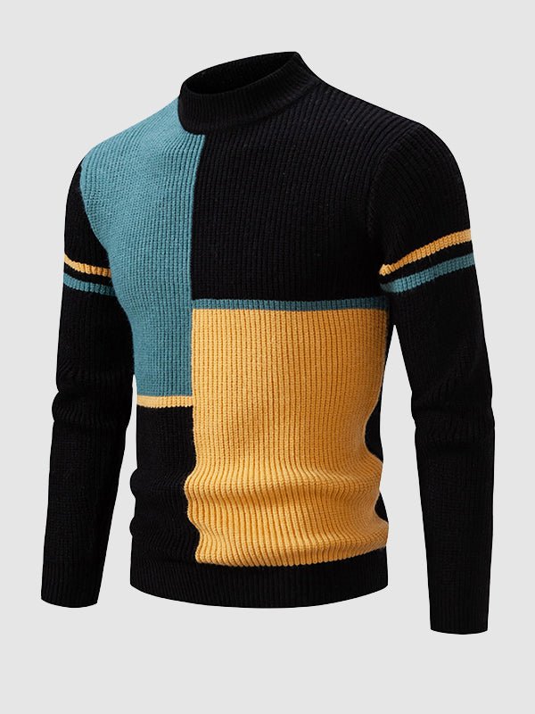 Comfortable men's mock neck color block sweater. Stylish casual pullover, great for winter & autumn fashion.