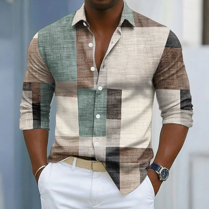 Stylish men's color block patchwork shirt, long sleeve button-up, featuring a modern casual design.