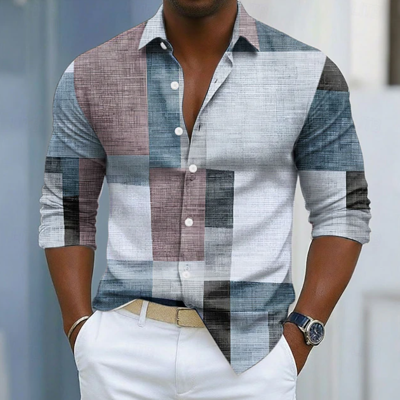 Comfortable men's color block patchwork shirt, versatile long sleeve button-up for stylish everyday wear.