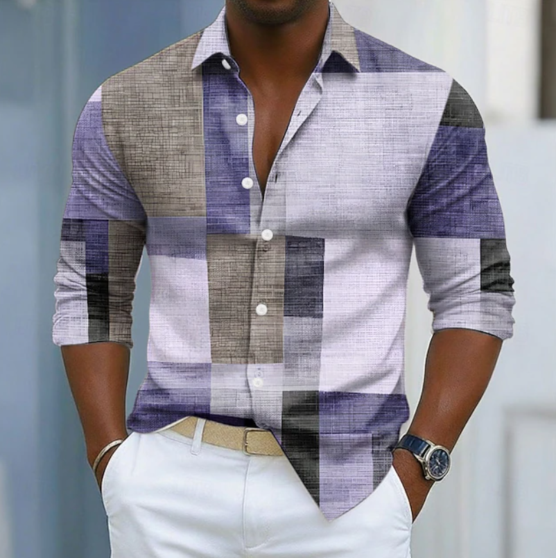 Casual men's long sleeve color block patchwork shirt, stylish and comfortable button-up for everyday fashion.