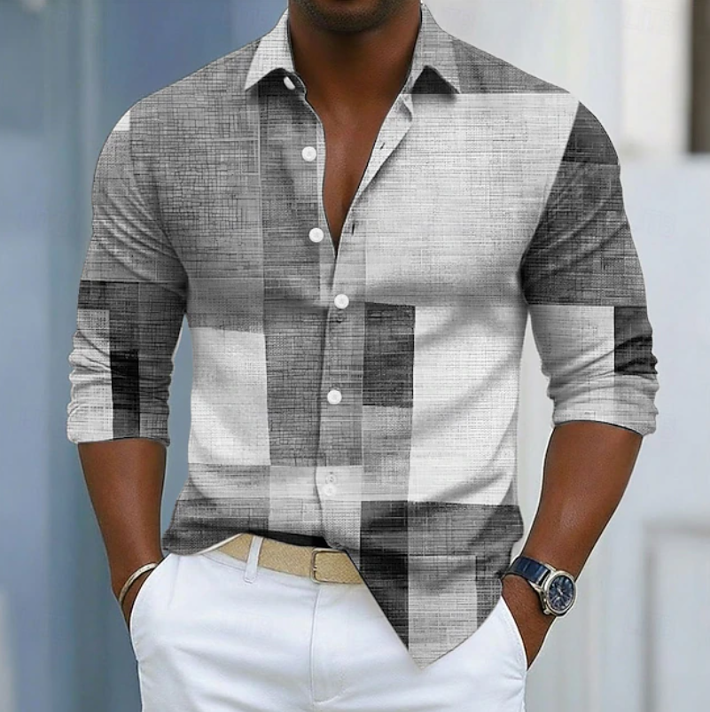 Classic men's color block patchwork shirt, long sleeve, button-up, offering a versatile modern fashion statement.