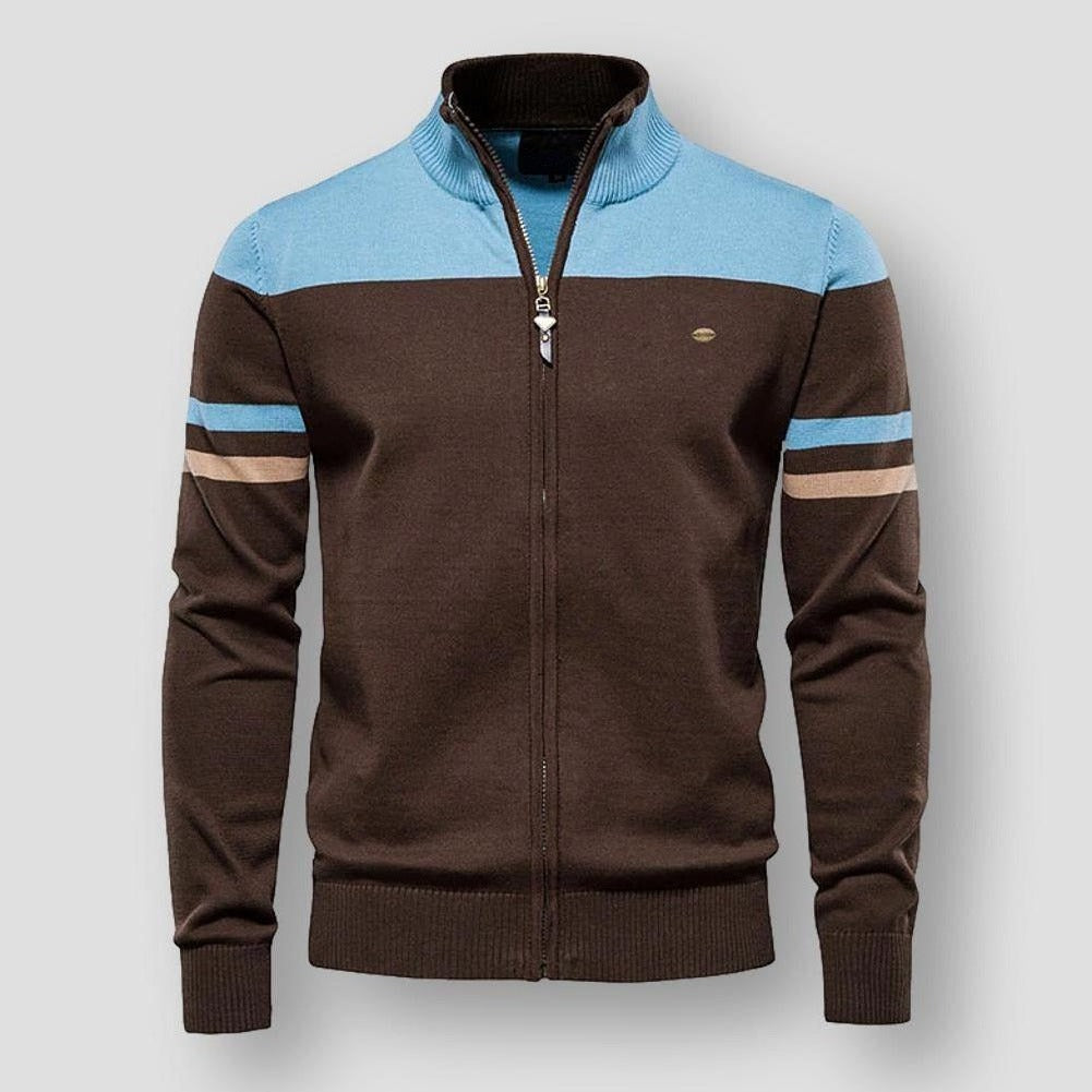 Stylish men's color block zip-up jacket for everyday comfort. Modern long sleeve casual outerwear.