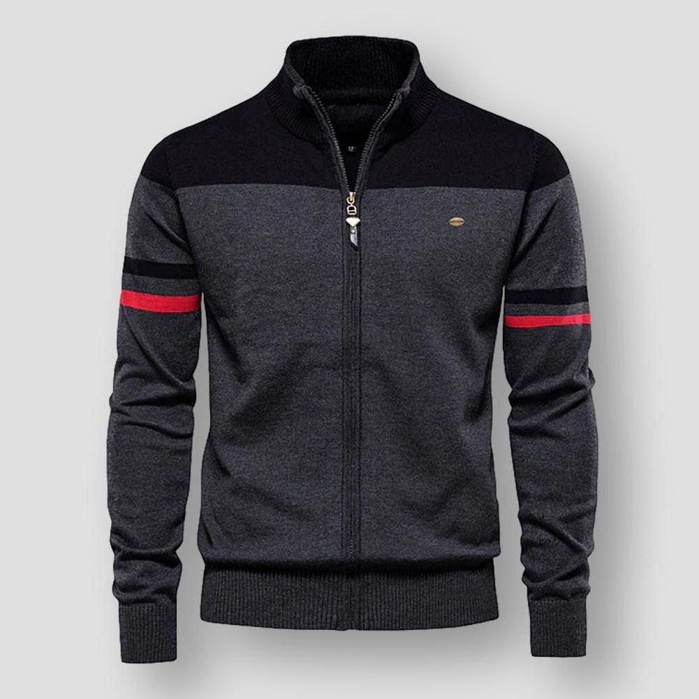 Modern men's zip-up color block jacket. Stylish long sleeve outerwear for versatile everyday fashion.