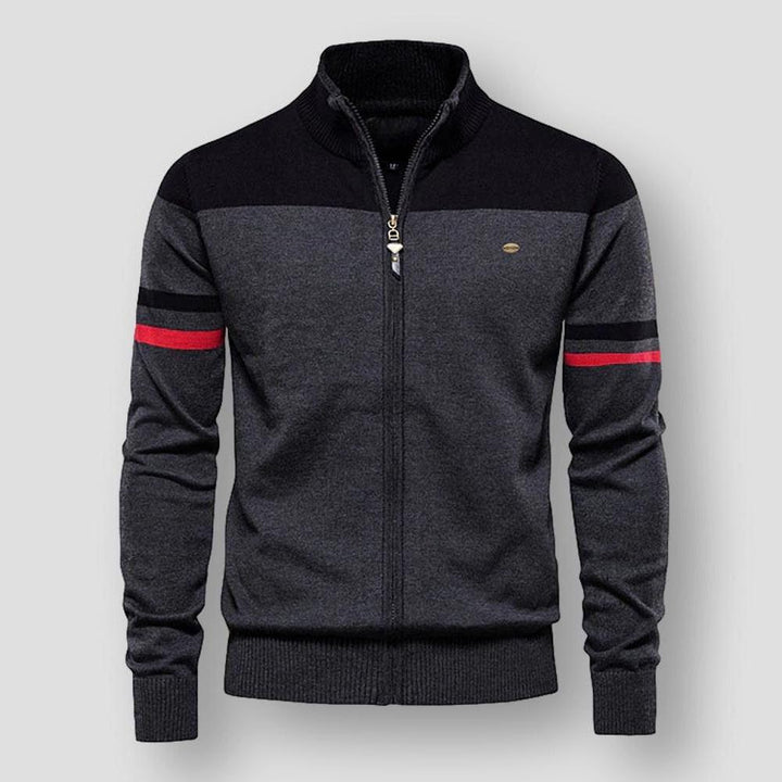 Modern men's zip-up color block jacket. Stylish long sleeve outerwear for versatile everyday fashion.