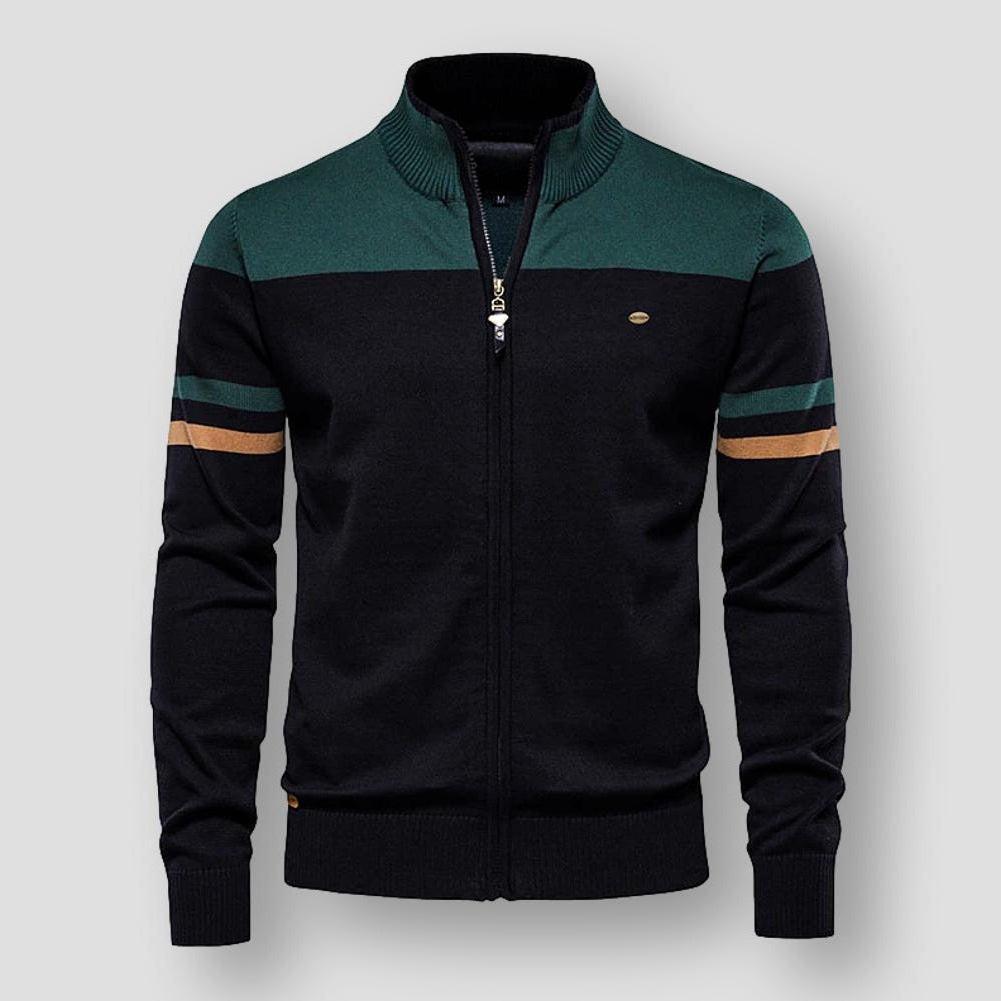 Casual men's stylish color block zip-up jacket. Comfortable long sleeve outerwear for modern everyday wear.