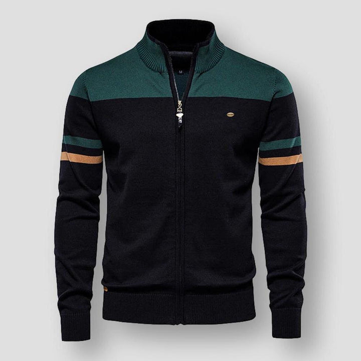 Casual men's stylish color block zip-up jacket. Comfortable long sleeve outerwear for modern everyday wear.