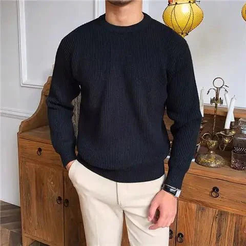 Versatile men's layering sweater with a classic crew neck for autumn and winter fashion.