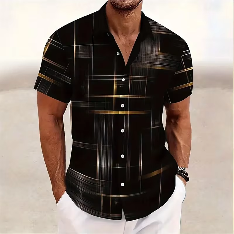 Close-up of a modern men's patterned short-sleeve button-down shirt, showcasing the unique fabric design.