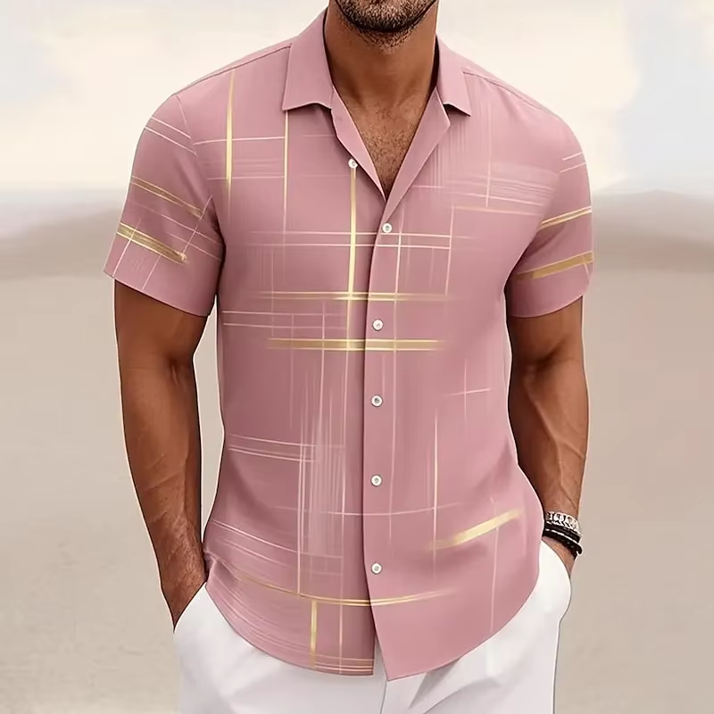 Detail of a modern patterned men's short-sleeve shirt. Stylish, comfortable fabric for contemporary casual wear.