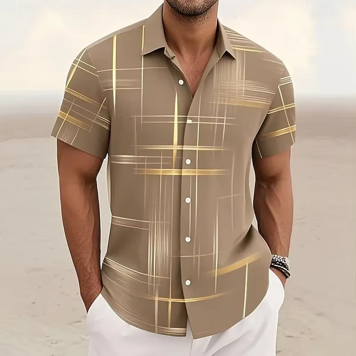 Back view of a men's modern patterned short-sleeve shirt, highlighting its stylish design and comfortable fit.