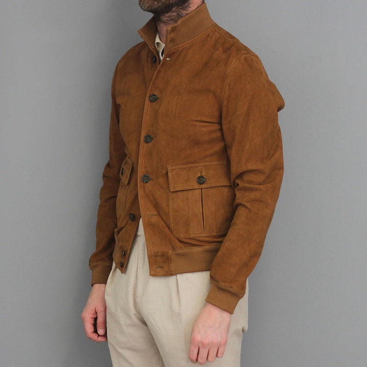 Stylish men's slim fit brown jacket with a stand collar and button front, perfect for casual or semi-formal wear.