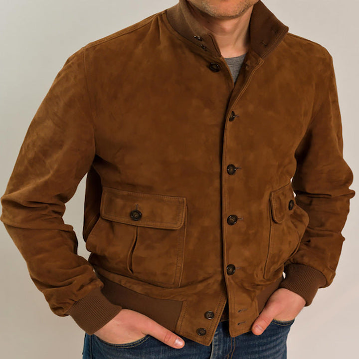 Modern men's slim fit brown jacket featuring flap pockets, a stand collar, and a sleek design for versatile outerwear.