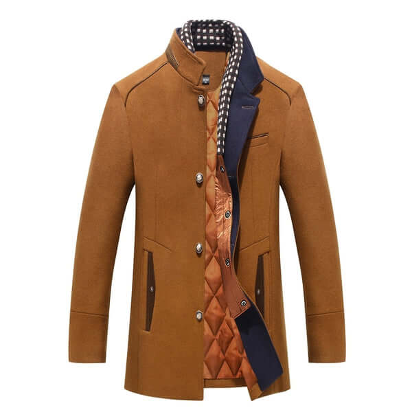 Stylish men's slim fit winter coat. Warm outerwear jacket for formal & casual wear in black, blue, brown, grey.