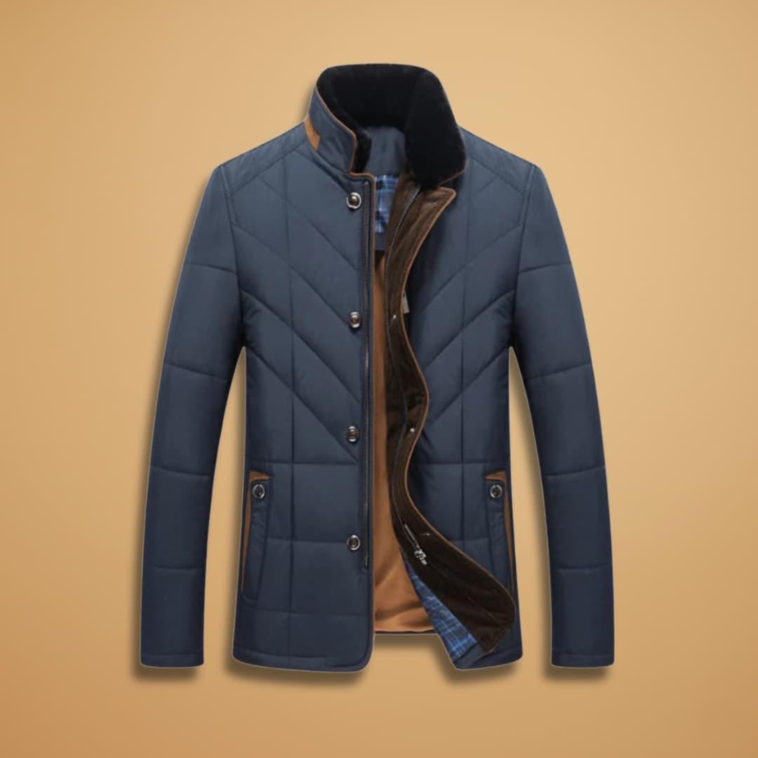 Stylish men's tailored winter coat for ultimate warmth in cold weather. Features a stand collar & button-up front.