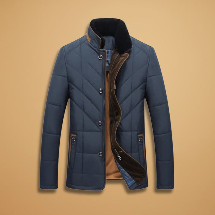 Stylish men's tailored winter coat for ultimate warmth in cold weather. Features a stand collar & button-up front.