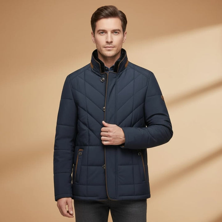 Mens tailored winter jacket with a sophisticated stand collar, perfect for stylish cold weather fashion & warmth.