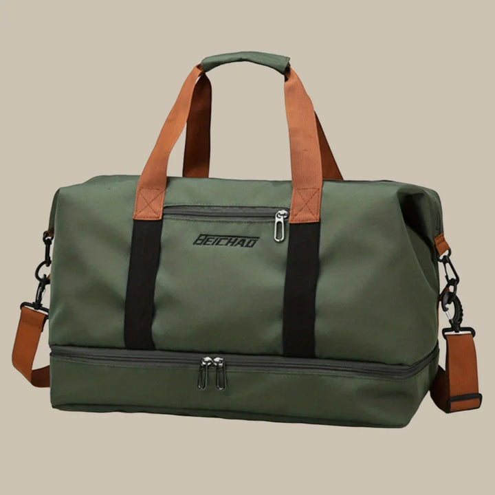 Premium men's duffel bag, stylish and spacious for sophisticated travel. Durable construction.
