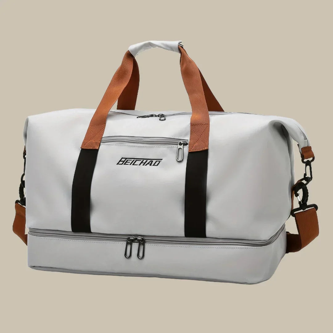 Dark-colored men's duffel bag, stylish and spacious, perfect for travel, gym, or weekend getaways.