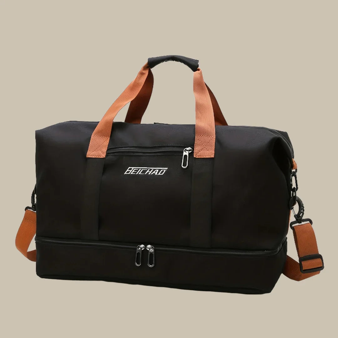 Sleek, durable men's duffel bag in dark fabric, a stylish and spacious companion for travel.