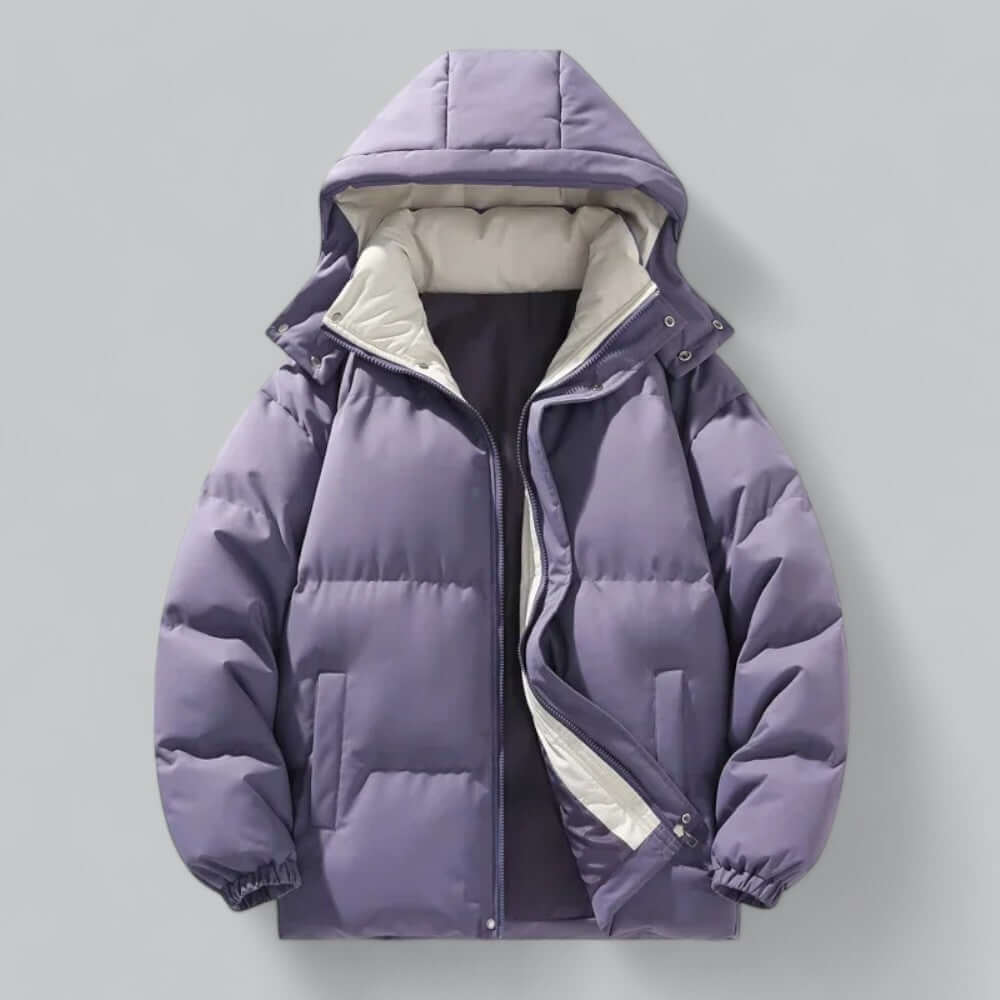 Close-up of a men's warm weatherproof parka jacket, showing durable fabric and functional hood details.