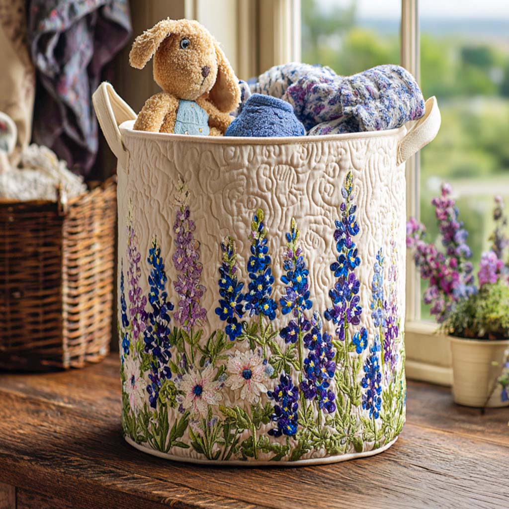 Stylish quilted wildflower laundry basket, perfect for home decor, fabric storage, & clothes hamper in bedroom/bathroom.