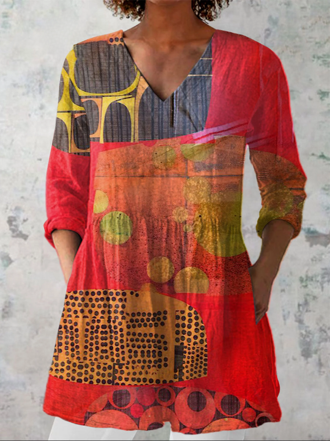 Stylish red women's V-neck long blouse with a loose fit, perfect for casual everyday wear.