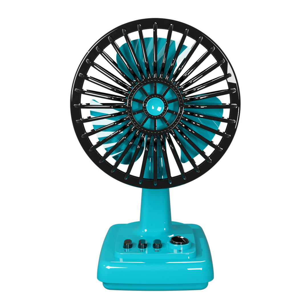 Compact portable retro desk fan for home or office. Provides quiet cooling. Ideal for small spaces.
