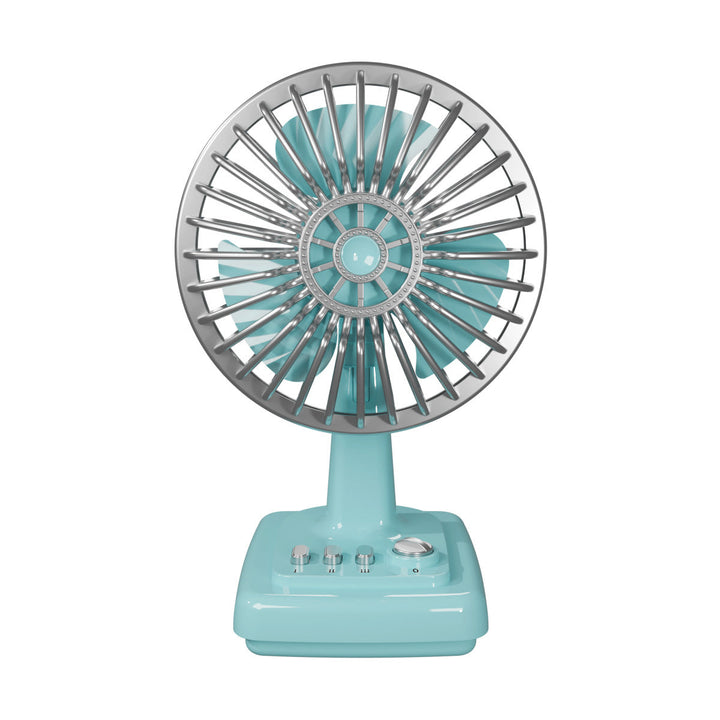 Retro metal finish desk fan. This portable electric fan provides vintage style and cool comfort for any space.