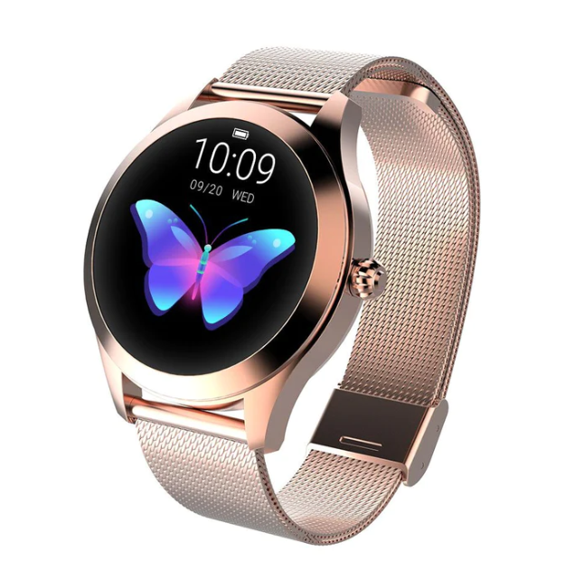 Stylish rose gold smartwatch for women, featuring health tracking and fitness monitoring. iOS & Android compatible.