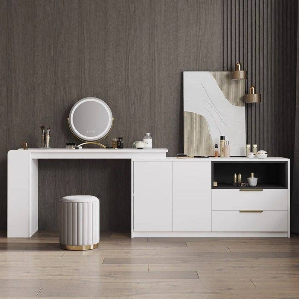 Stylish round storage ottoman, modern accent piece with mirror finish