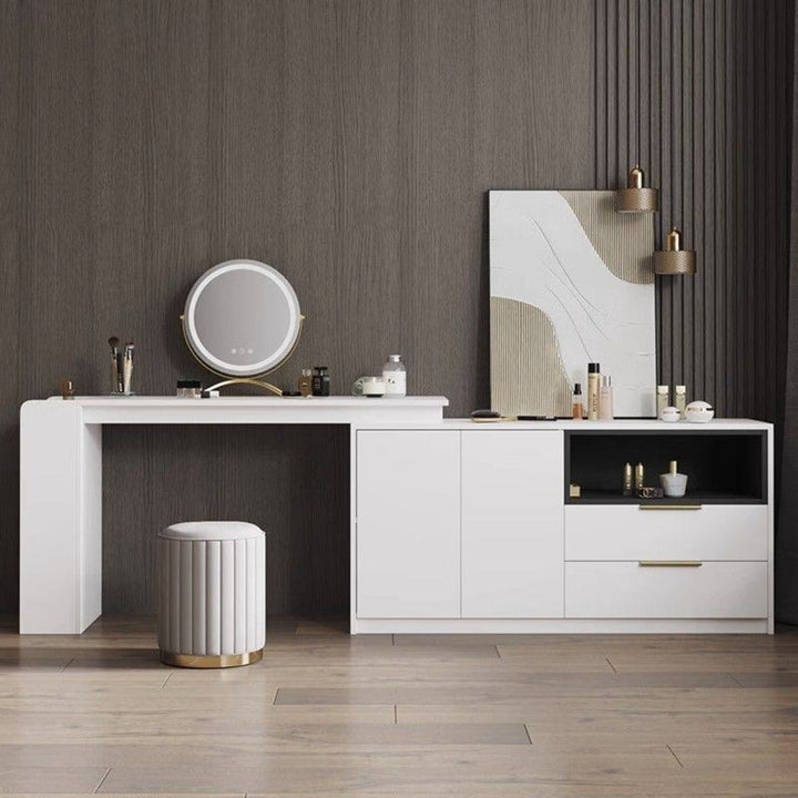 Stylish round storage ottoman, modern accent piece with mirror finish