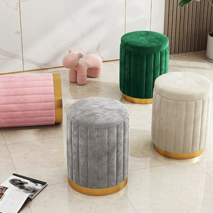 Living room decor upgrade: round fabric ottoman with a luxurious mirror finish