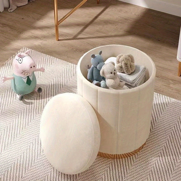 Round pouf with storage, featuring a chic Nordic design and reflective surface