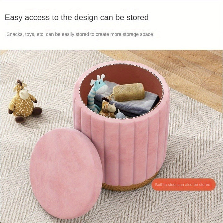 Round storage ottoman showcasing its sleek mirror finish and contemporary design
