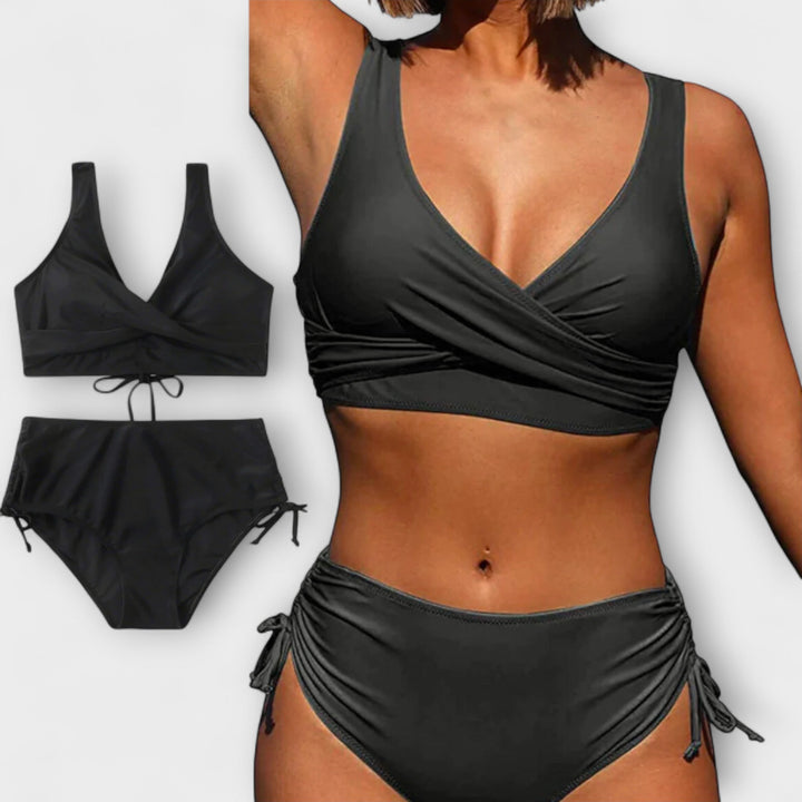 Women's flattering two-piece swimsuit, ideal for a chic summer vacation or stylish beach day.